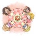 Aerial view of mother serving cake to a group of children Ã¢â¬â watercolor painting background